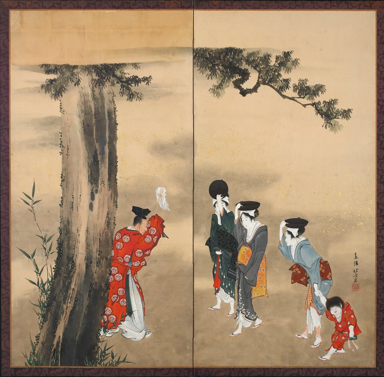 Prêtre Shinto, Trois Femmes et un Enfant sous un Pin, Période Edo, c.1799-1801 - Katsushika Hokusai