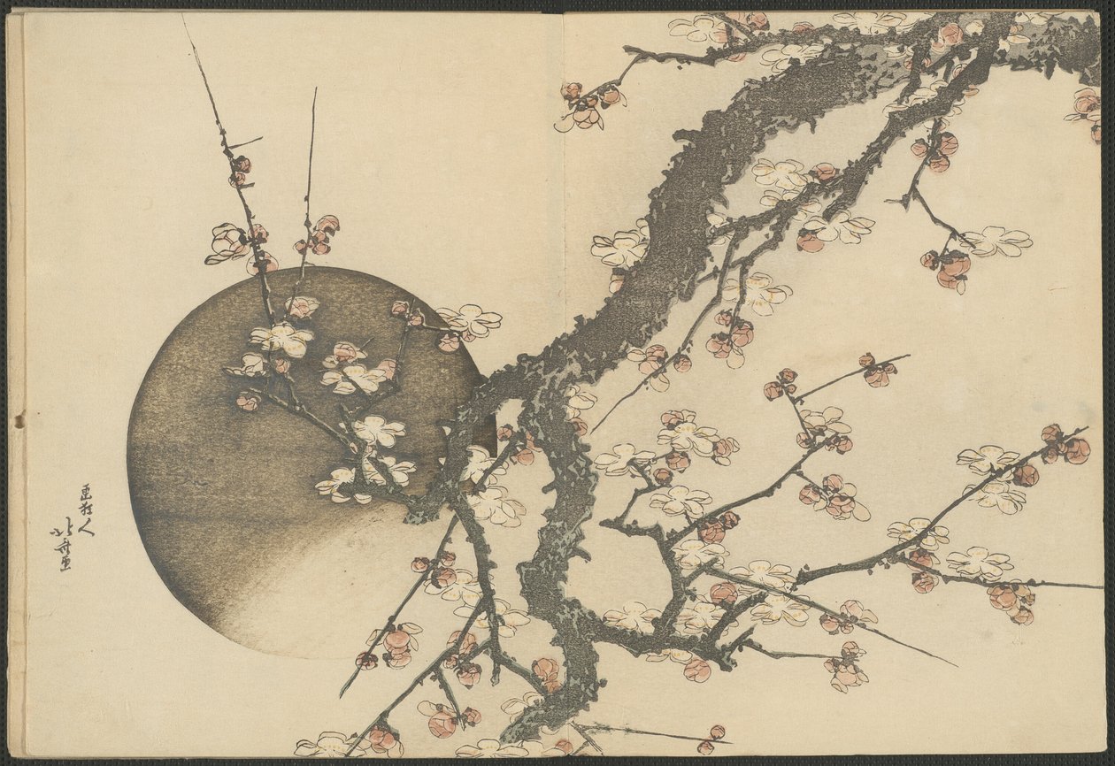 Fleur de prunier et lune du livre Mont Fuji au printemps (Haru no Fuji) - Katsushika Hokusai