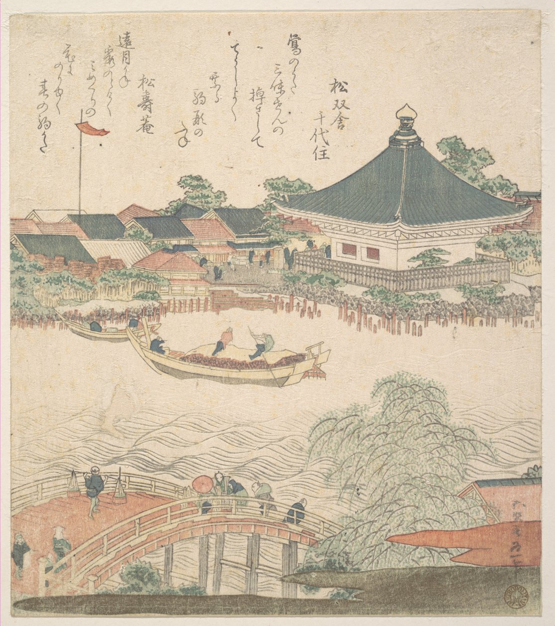 Scène fluviale avec un pont au premier plan - Katsushika Hokusai