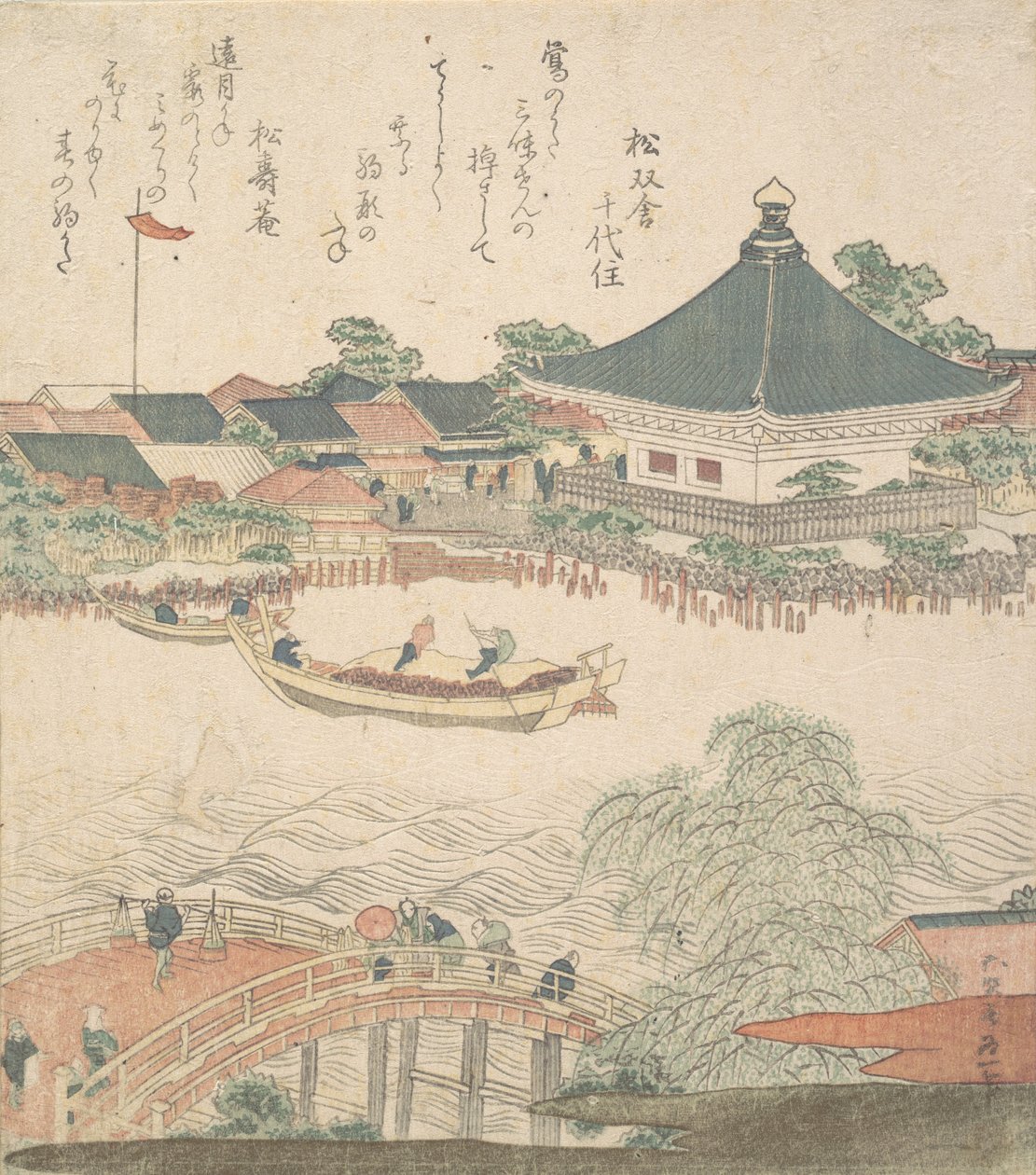 Scène fluviale avec pont au premier plan - Katsushika Hokusai