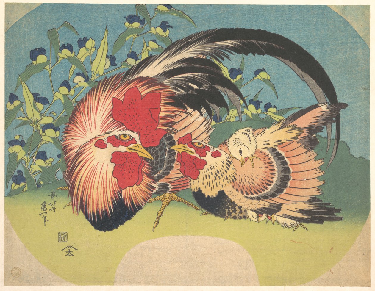 Coq, poule et poussin accompagnés de trichocère - Katsushika Hokusai
