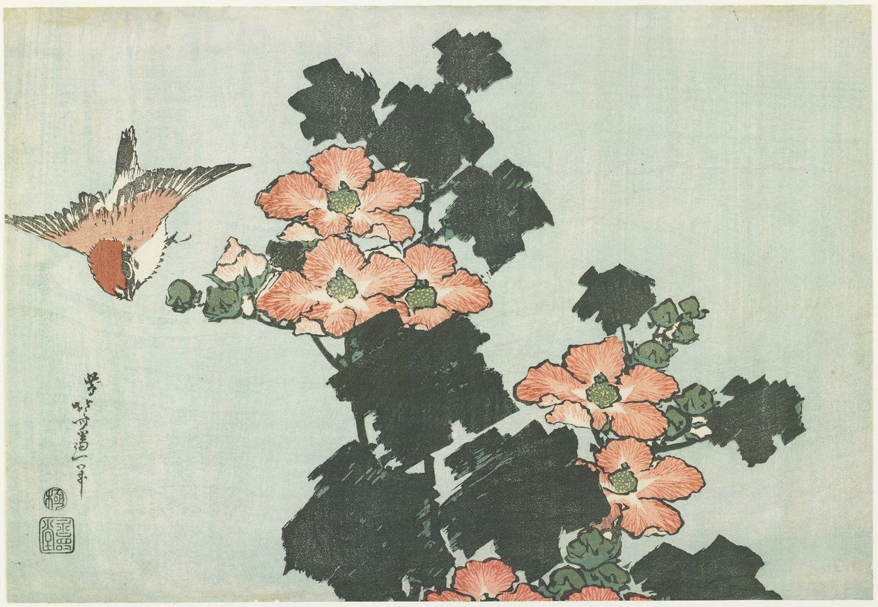 Rose Mallow et Moineau, c. 1832 - Katsushika Hokusai