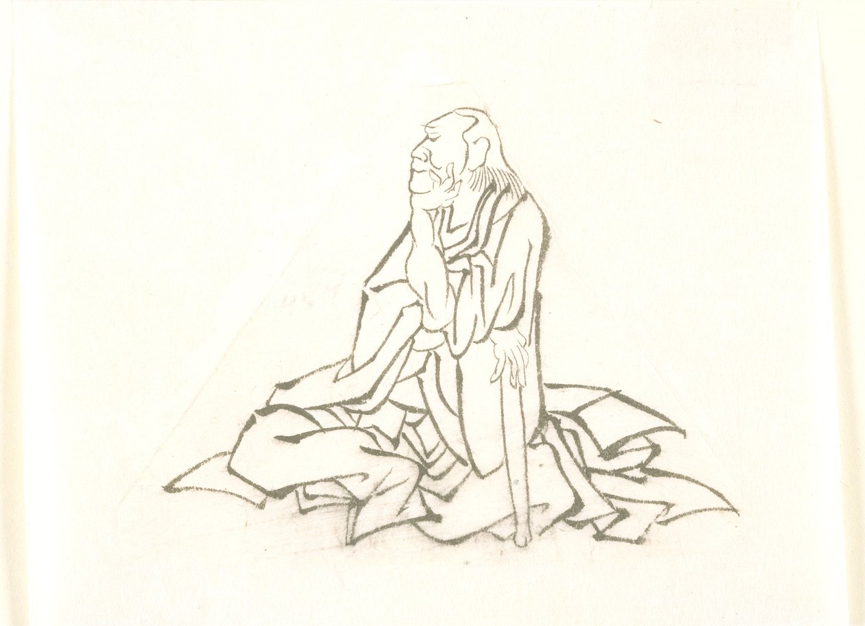Vieil homme assis, appuyé sur son bâton - Katsushika Hokusai