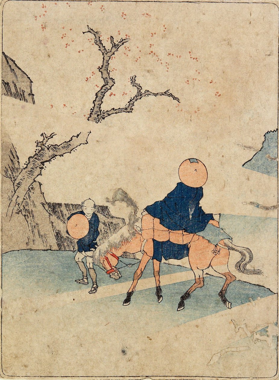 Voyageur à cheval sous un cerisier en fleurs - Katsushika Hokusai