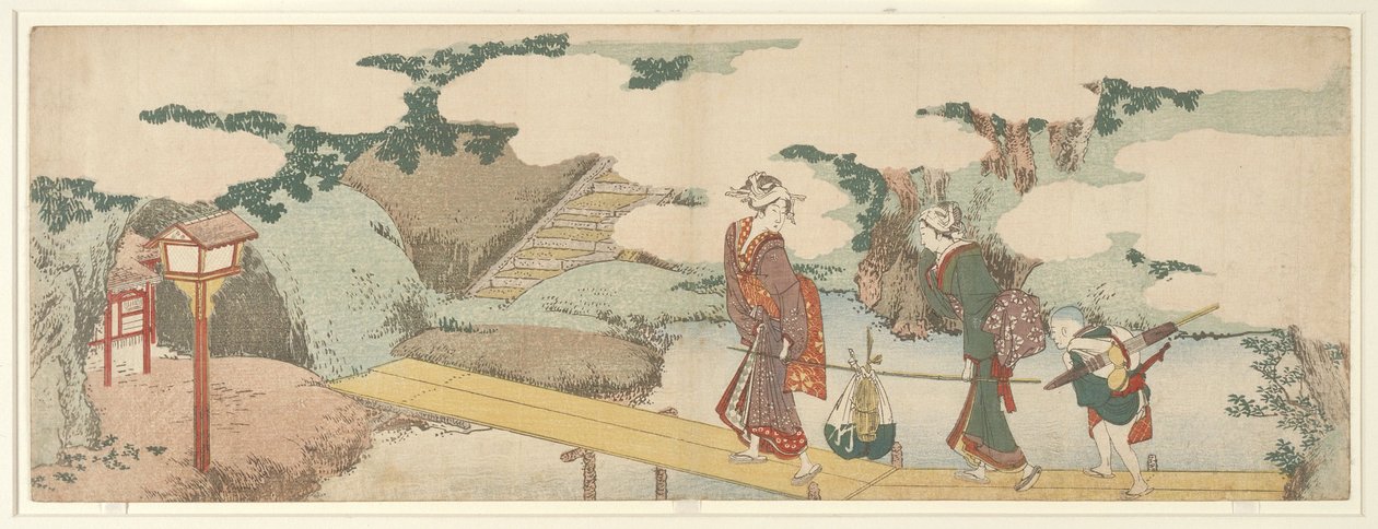 Deux femmes et un garçon sur la promenade - Katsushika Hokusai