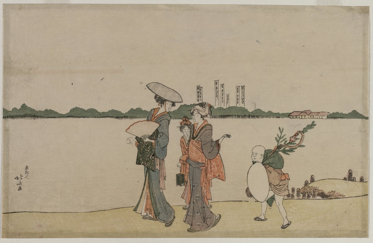 Femmes et enfants marchant le long de la rivière Sumida - Katsushika Hokusai