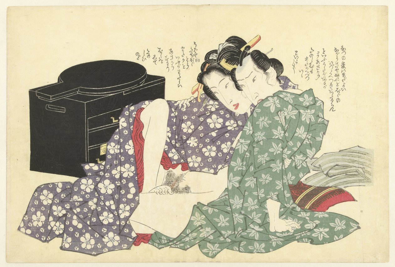 Couple amoureux devant une armoire laquée - Keisai Eisen (attributed to)
