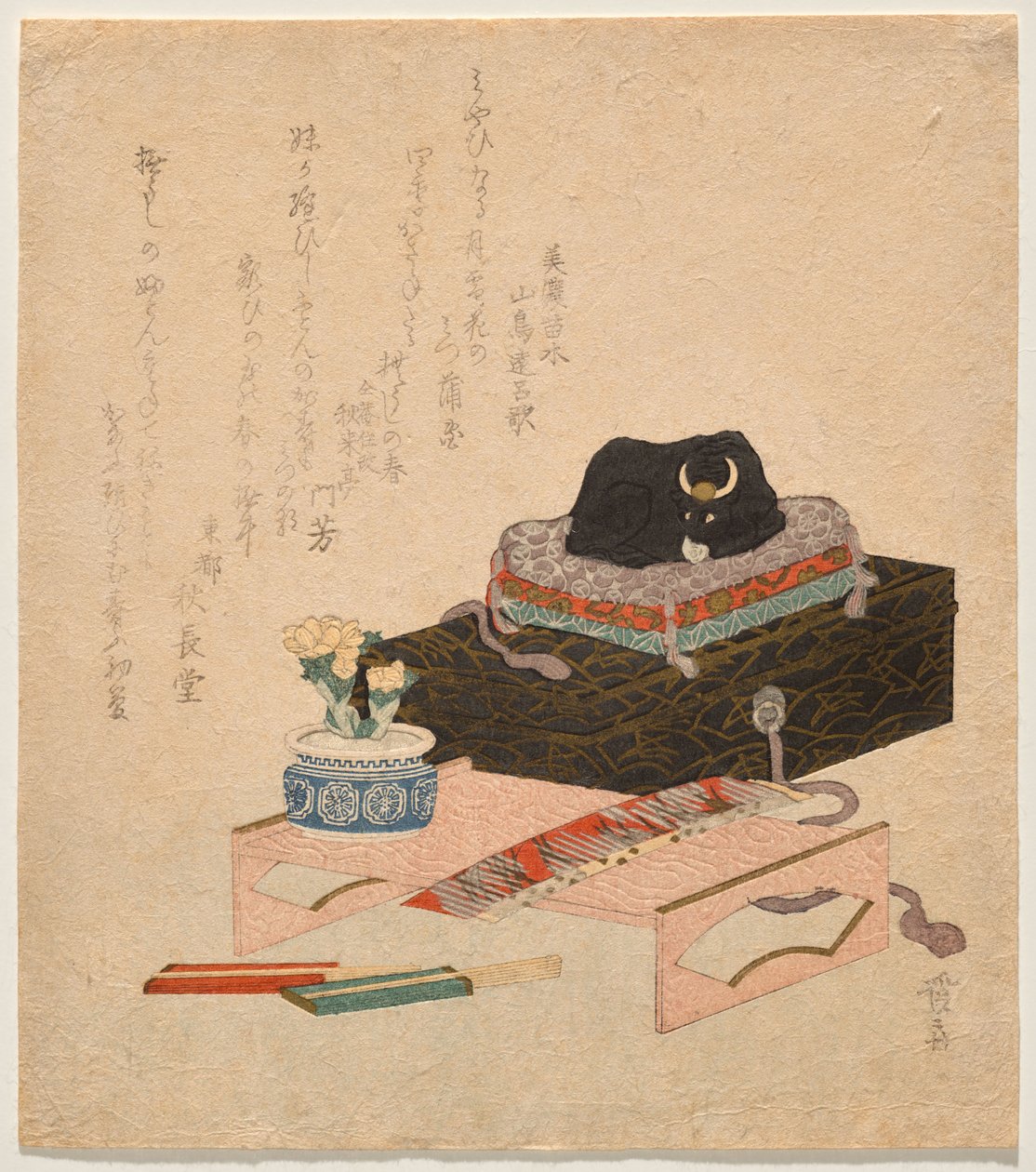 Nature morte avec un bœuf caressant en céramique (Nade-ushi) - Keisai Eisen