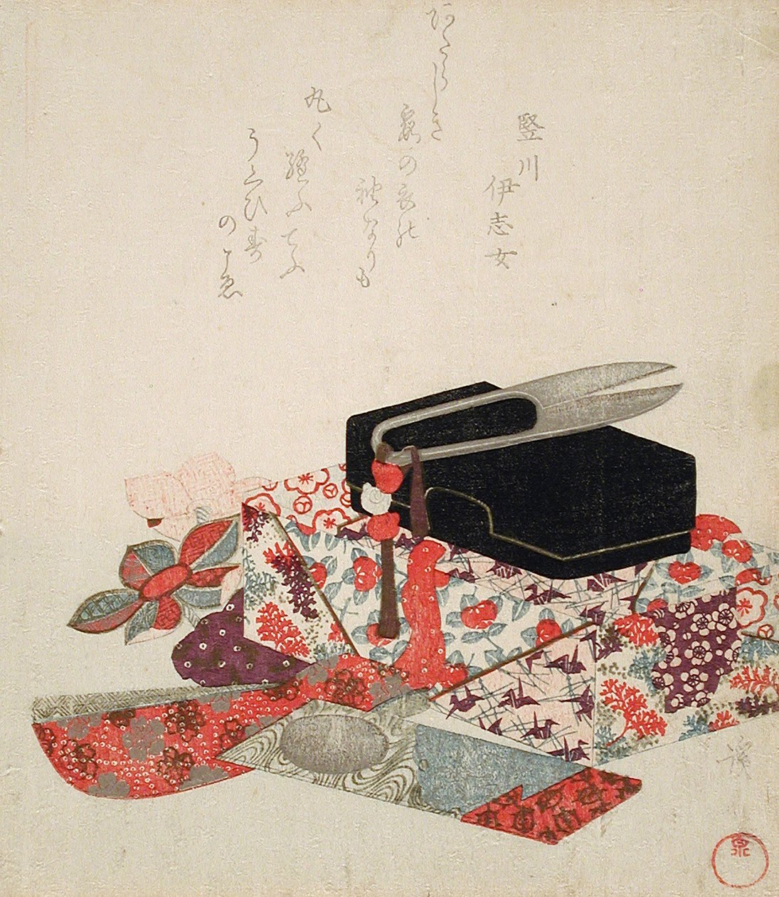 Nature morte avec boîte à couture, ciseaux et étoffe pour ornements de cheveux - Keisai Eisen