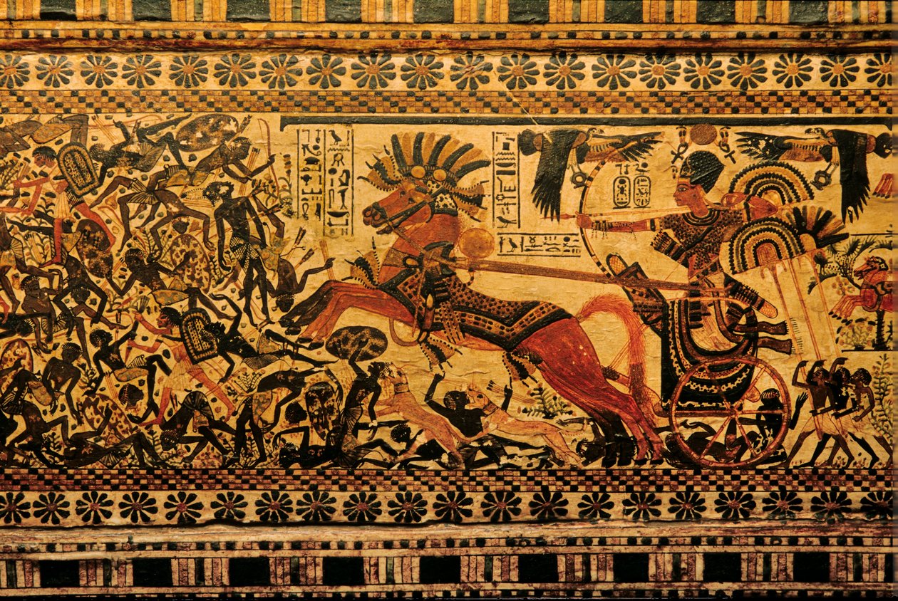 Boîte peinte représentant Toutankhamon en guerrier sur un char poursuivant des Nubiens, 2007 - Kenneth Garrett