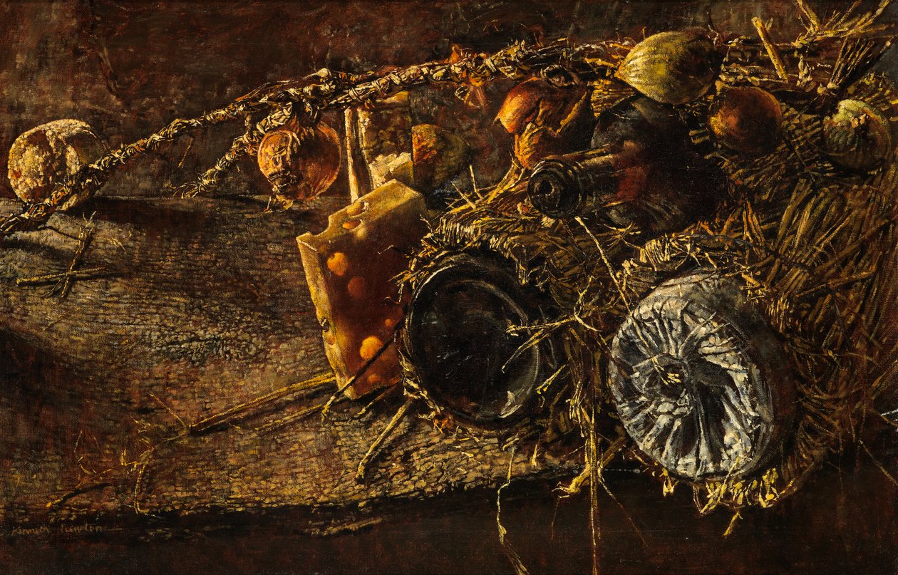 Nature morte avec fromage et bouteilles - Kenneth Newton
