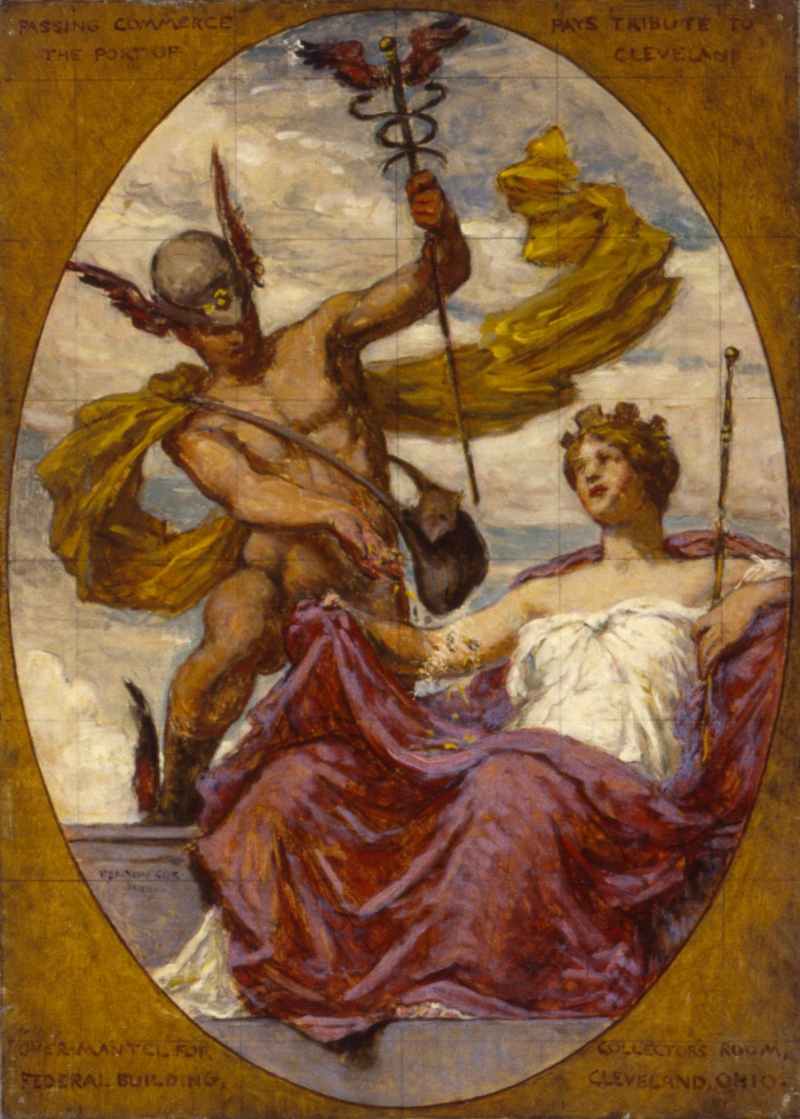 Étude pour la peinture murale au U.S. Custom House, Cleveland, OH, "Passing Commerce Pays Tribute to the Port of Cleveland" (Le commerce de passage rend hommage au port de Cleveland) - Kenyon Cox