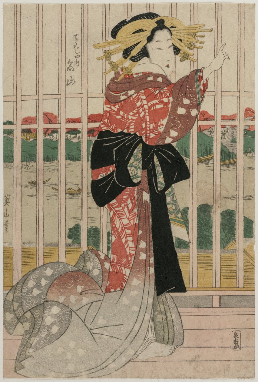 La courtisane Meizan du Chojiya sur un balcon surplombant la rivière Sumida - Kikukawa Eizan