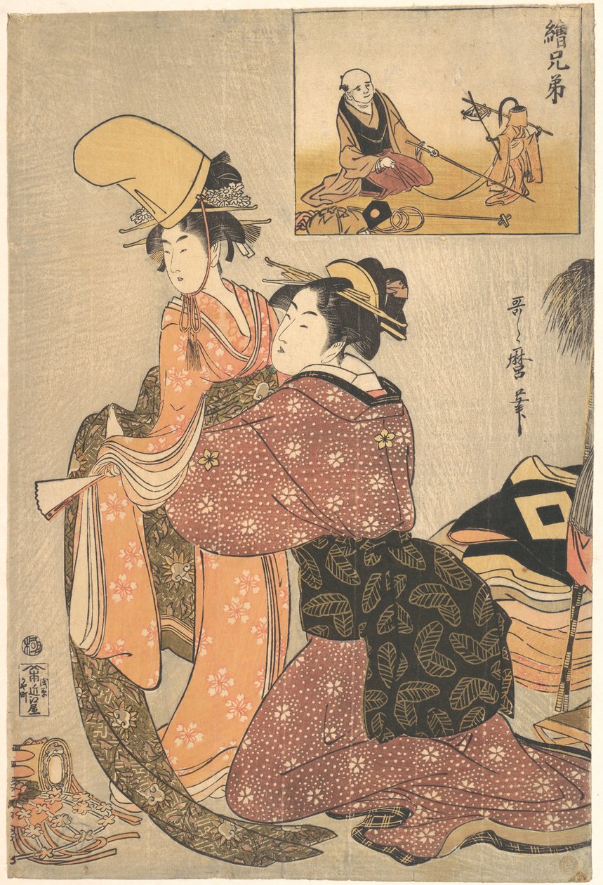 Une femme habillant une fille pour la danse kabuki « Musume Dōjōji », avec une « image sœur » (E-kyōdai) d