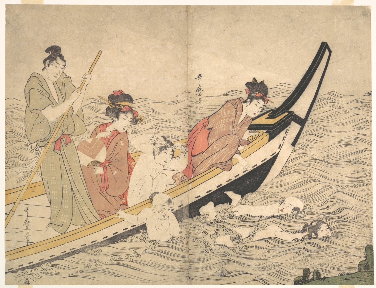 Excursion en bateau avec des enfants nageant - Kitagawa Utamaro