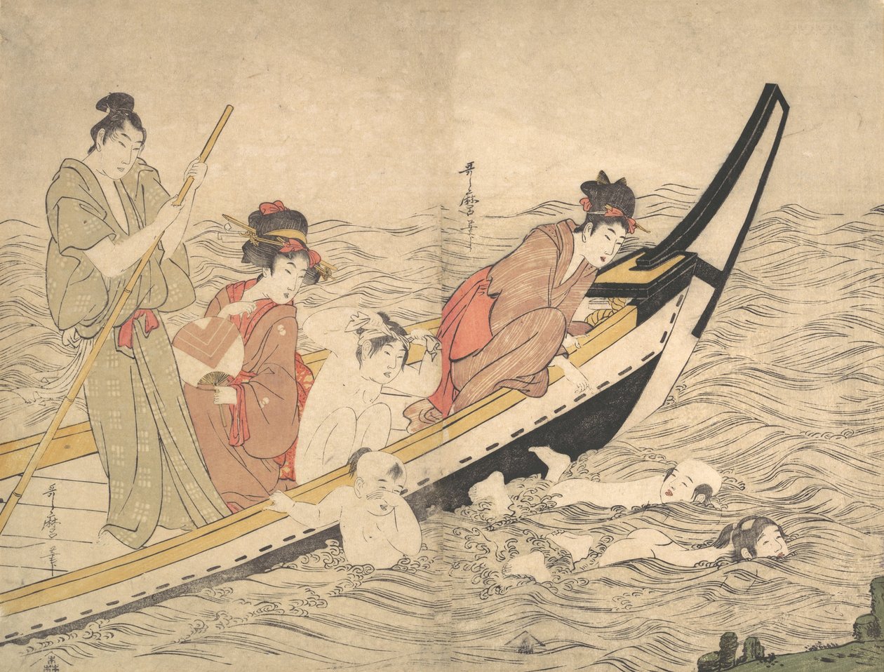 Partie de bateau avec des enfants nageant - Kitagawa Utamaro