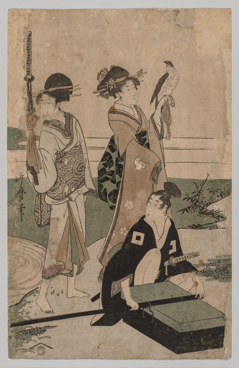 Daimyō et sa suite traversant un ruisseau dans une plaine près du Fuji - Kitagawa Utamaro