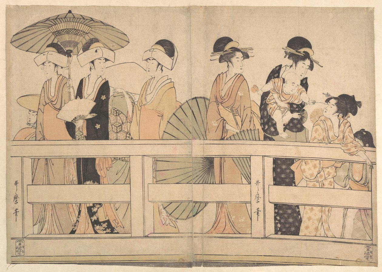 Profiter de la brise fraîche du soir sur et sous le pont - Kitagawa Utamaro