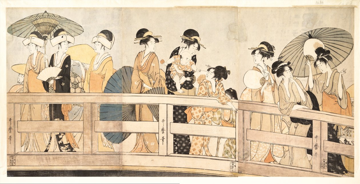 Profiter de la brise fraîche du soir sur et sous le pont - Kitagawa Utamaro