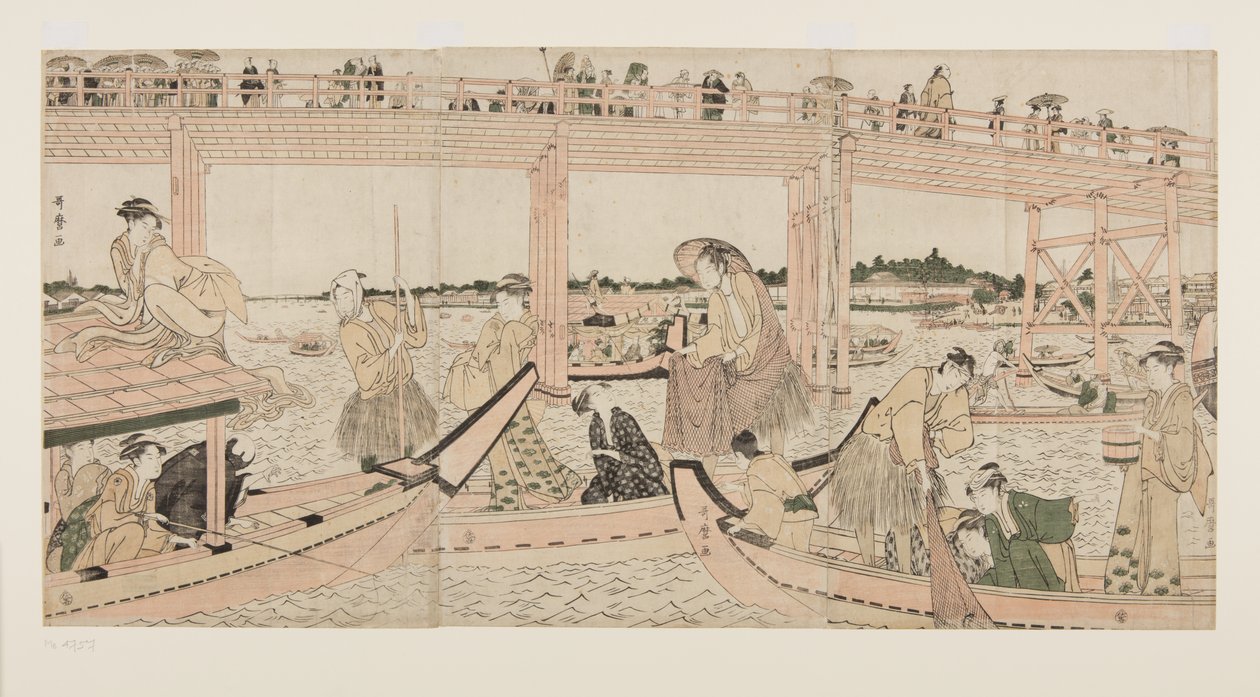 Bateaux de pêche avec filets sous le pont Ryōgoku - Kitagawa Utamaro
