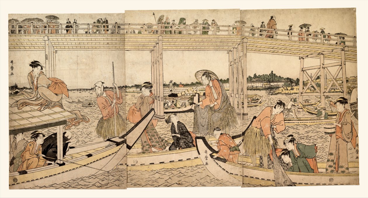 Bateaux de pêche équipés de filets sous le pont de Ryōgoku - Kitagawa Utamaro