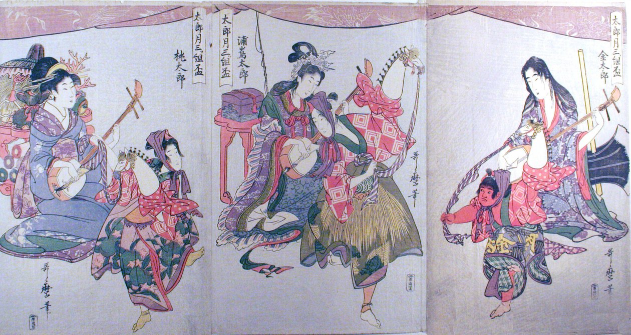 Kintaro, Urashimataro et Momotaro, du triptyque "Ensemble de trois coupes à saké pour le premier mois (Tarozuki mitsugumi sakazuki)" - Kitagawa Utamaro