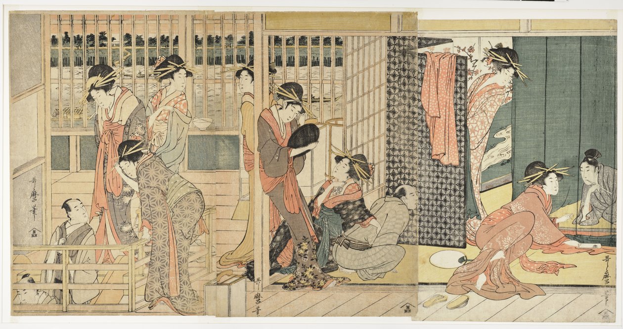 Séparation matinale aux logements temporaires du quartier des plaisirs, 1801 - Kitagawa Utamaro