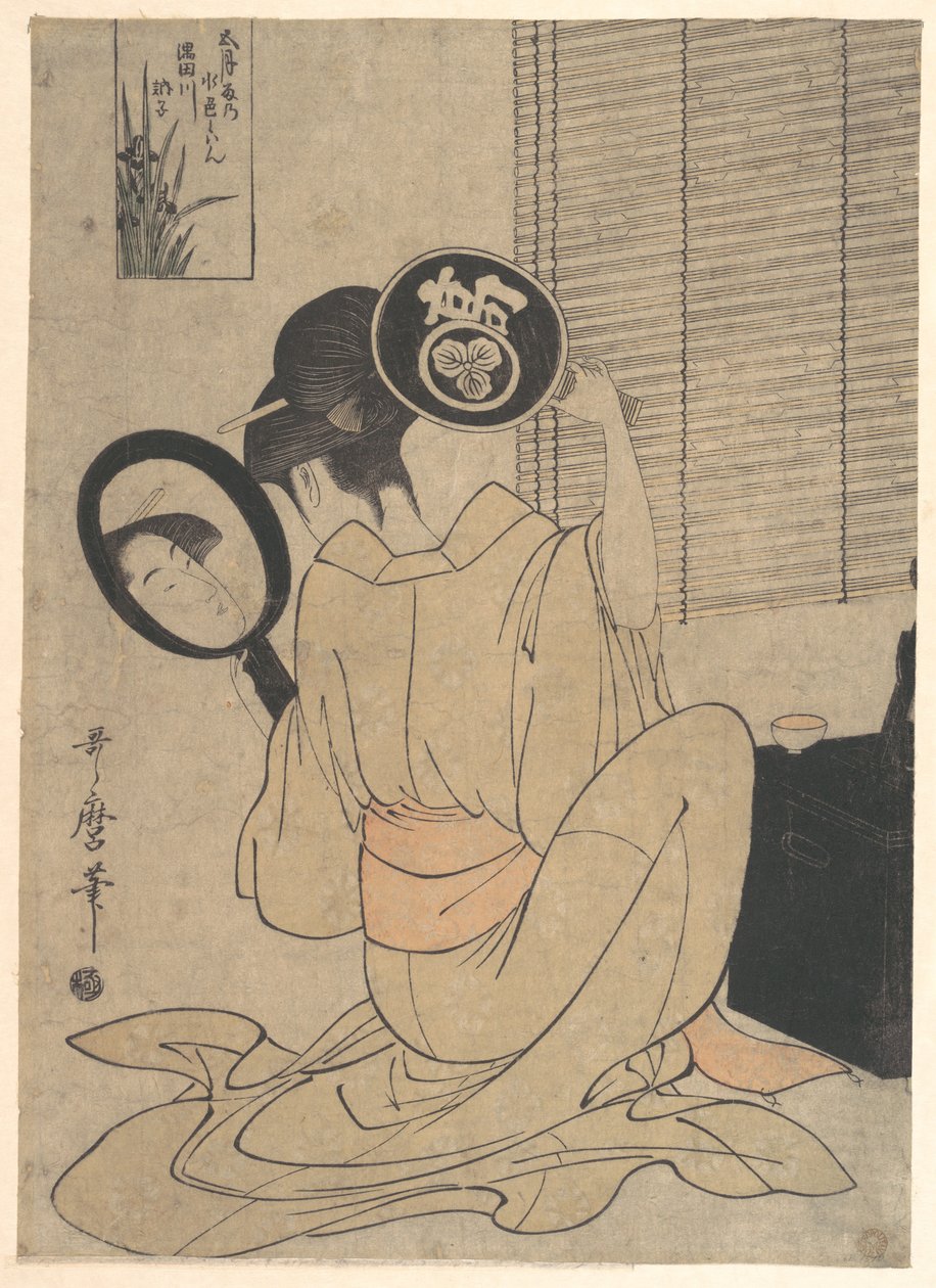 Ohisa Takashima utilisant deux miroirs pour observer sa coiffure - Kitagawa Utamaro