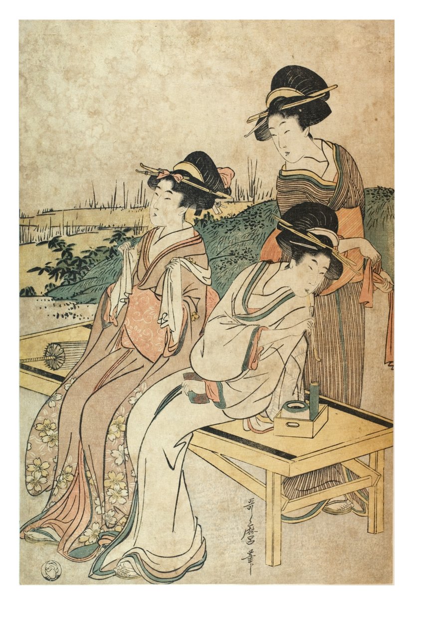 Trois femmes dans un paysage, au loisir - Kitagawa Utamaro