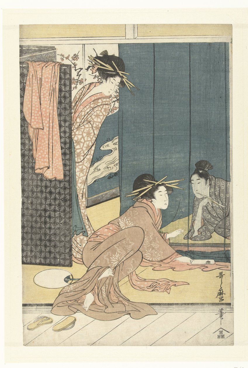 Deux courtisanes et un jeune homme sous une moustiquaire - Kitagawa Utamaro