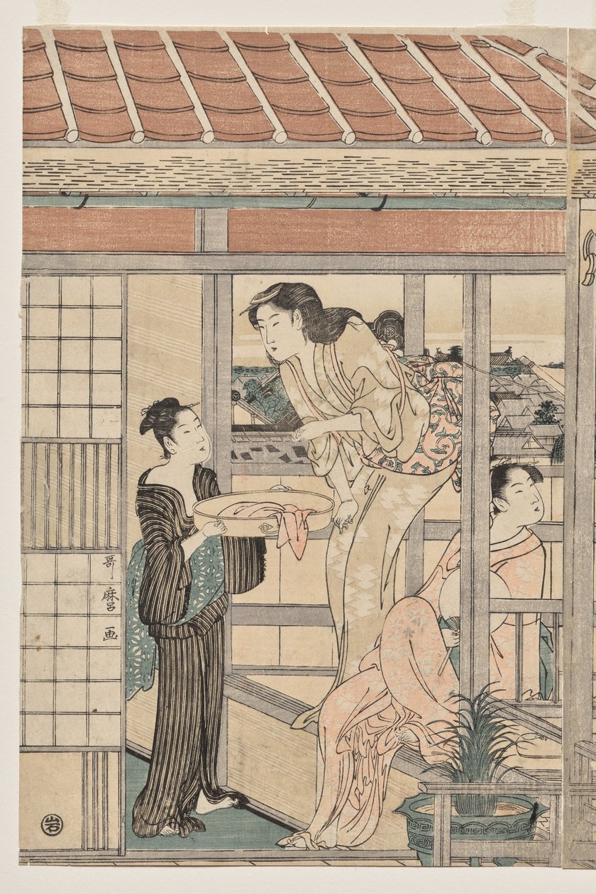 Femmes étendant le linge à sécher sur un balcon - Kitagawa Utamaro