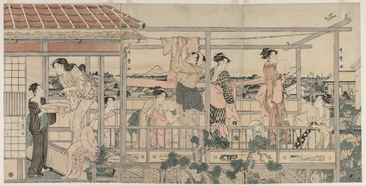 Femmes étendant du linge à sécher sur un balcon, début des années 1790 - Kitagawa Utamaro