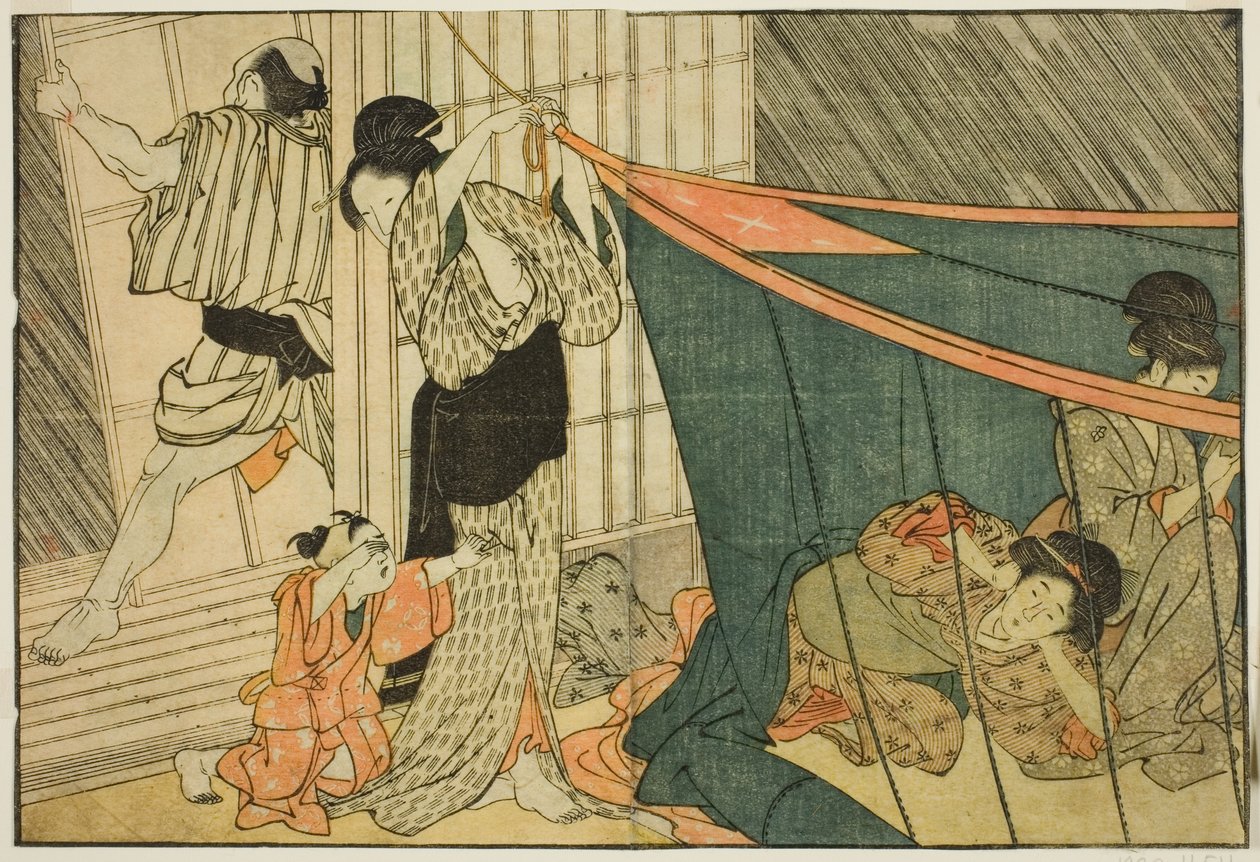Femmes sous une moustiquaire pendant un orage, du livre illustré "Livre d