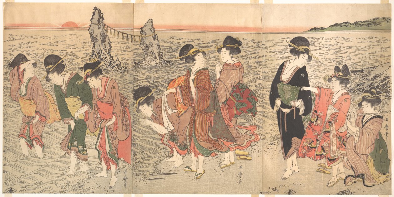 Femmes adorant le soleil levant entre les rochers jumeaux à Ise - Kitagawa Utamaro