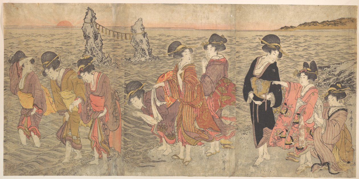 Femmes adorant le soleil levant entre les rochers jumeaux à Ise - Kitagawa Utamaro