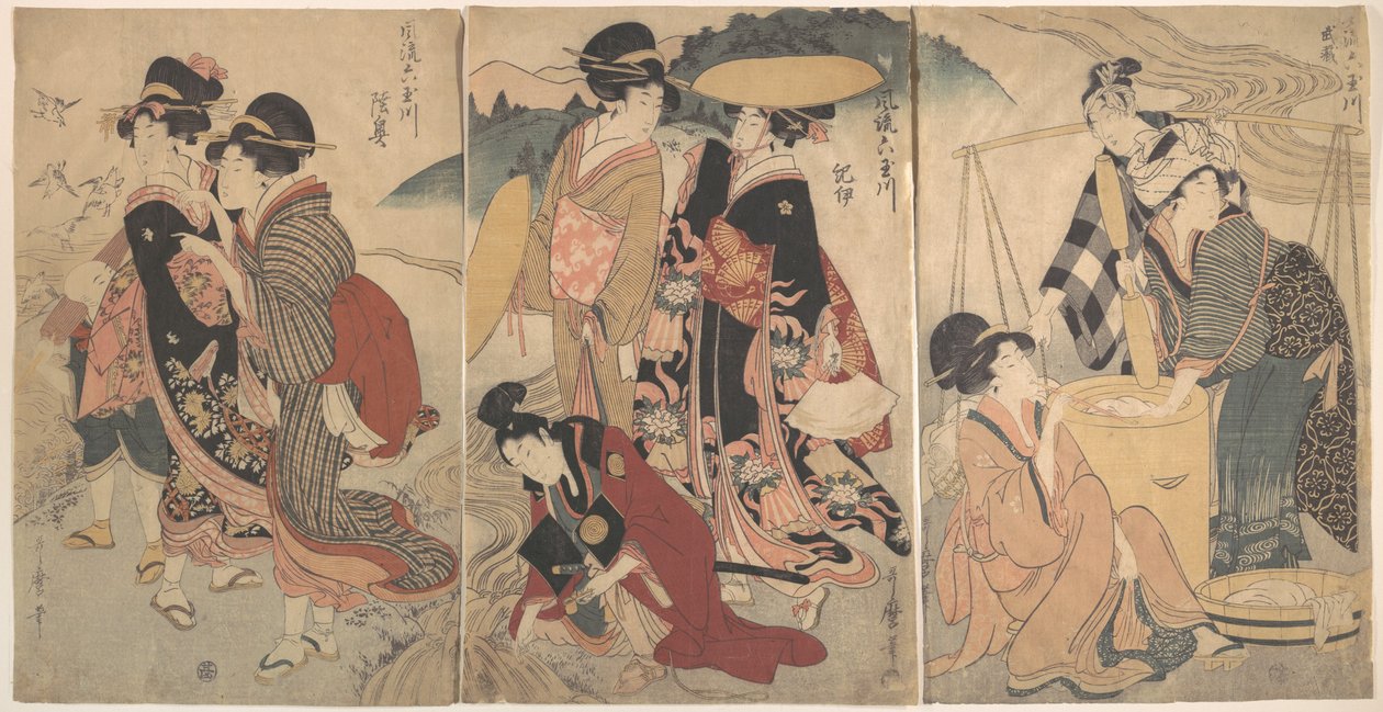Femmes et un homme à la campagne ; une sorte de cortège(?) - Kitagawa Utamaro