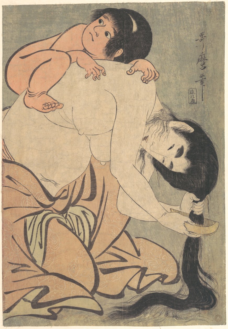 Yamauba se coiffant avec Kintarō - Kitagawa Utamaro