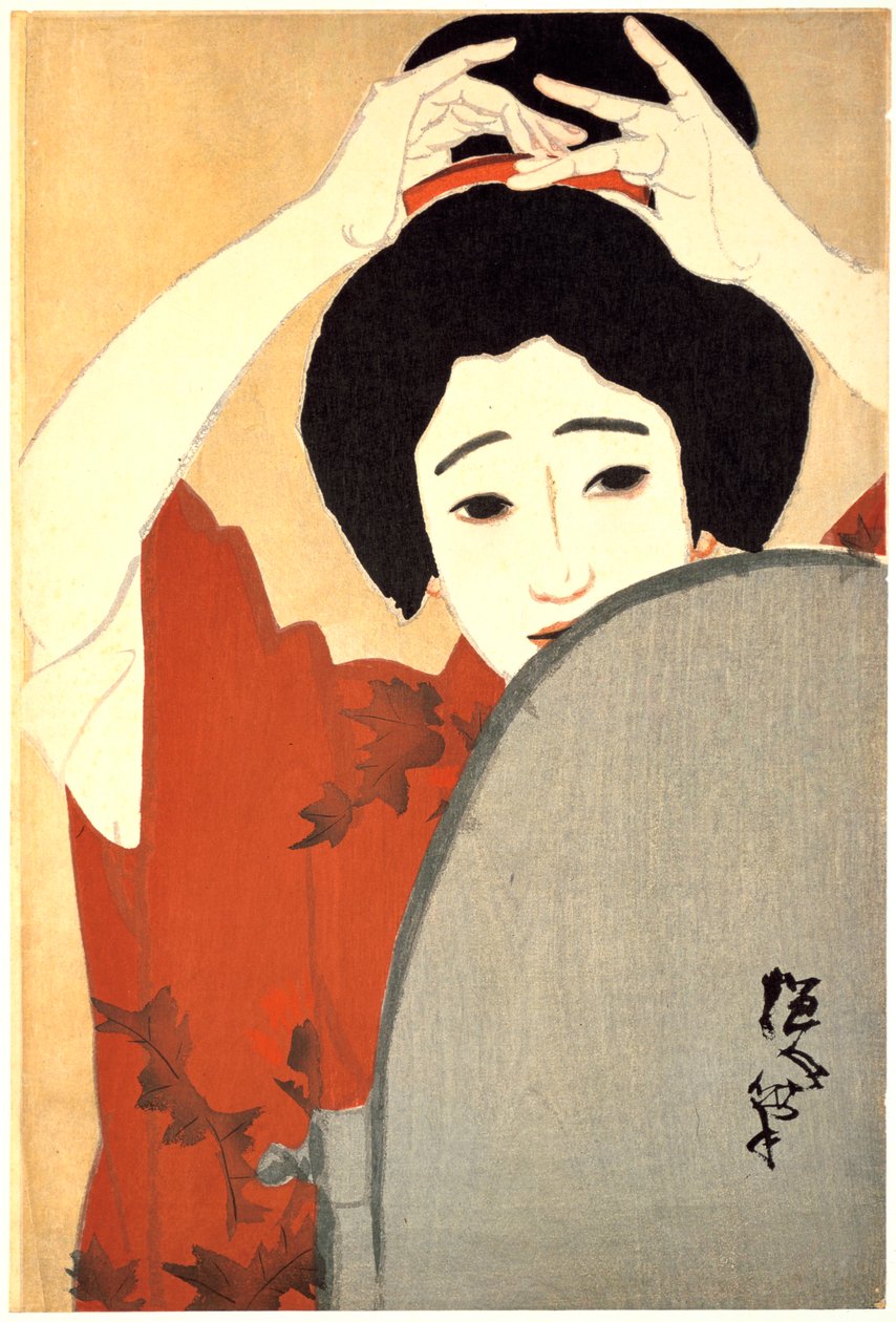 Femme ajustant ses cheveux devant le miroir - Kitano Tsunetoni