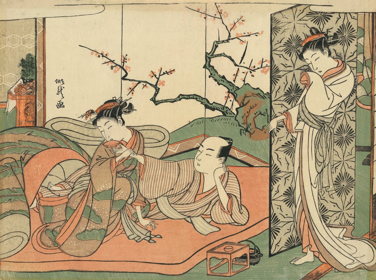 Courtisane observant un jeune apprenti au lit avec un client - Kitao Shigemasa