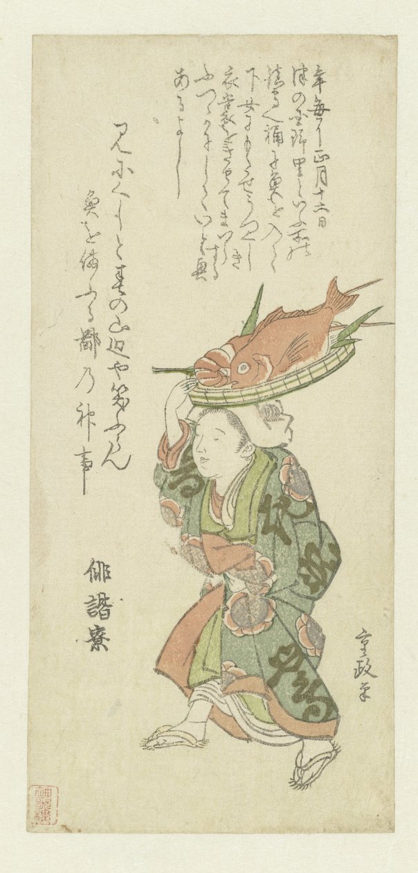 Femme portant un plateau de poissons sur la tête - Kitao Shigemasa