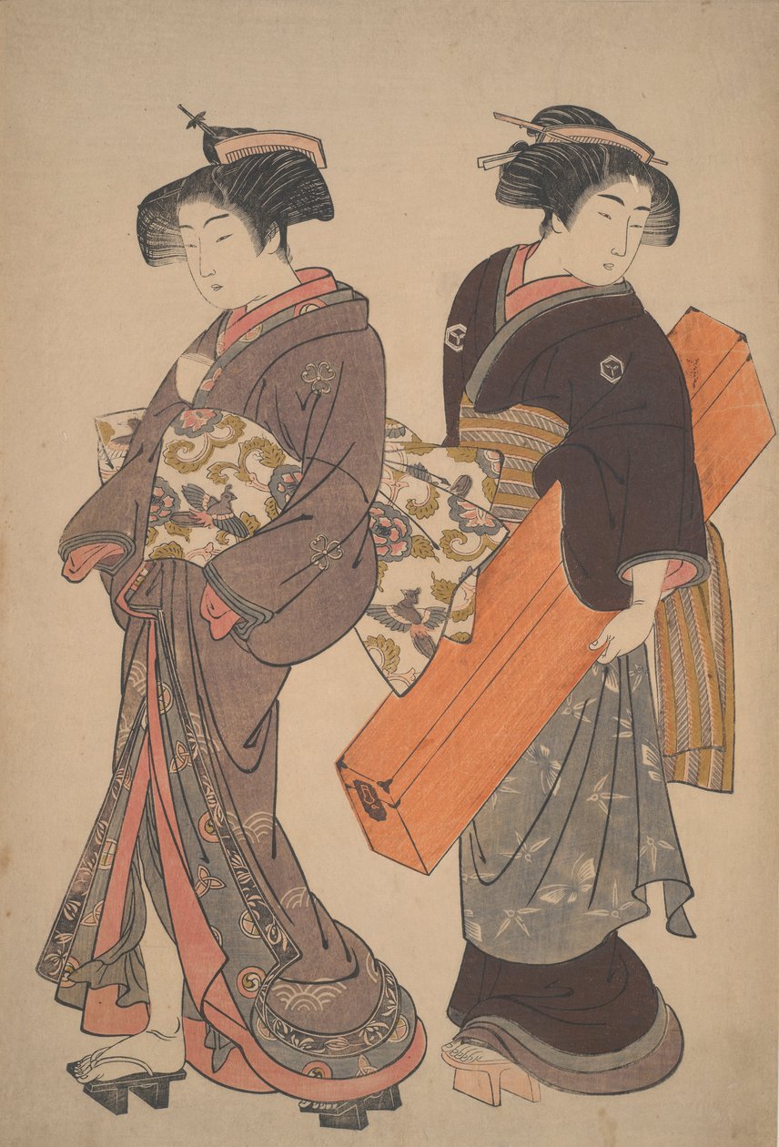 Femme avec sa servante en route pour un rendez-vous - Kitao Shigemasa
