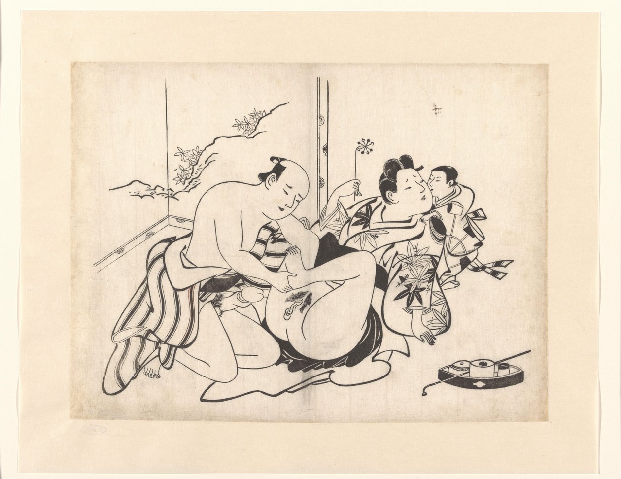 Représentation érotique avec accessoires de fumerie et paravent - Kiyonobu (I) , Torii