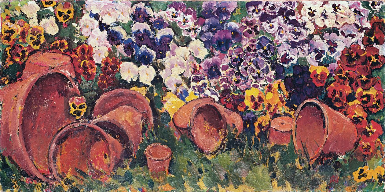Pensées avec pots de fleurs - Pansies with flower pots ... (huile sur toile) - Koloman Moser