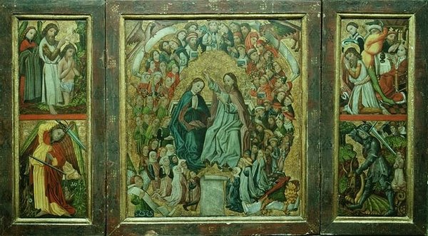Couronnement de la Vierge; Baptême du Christ; Mort de Saint Jean-Baptiste; Saint Georges terrassant le dragon (triptyque) - Konrad von Friesach
