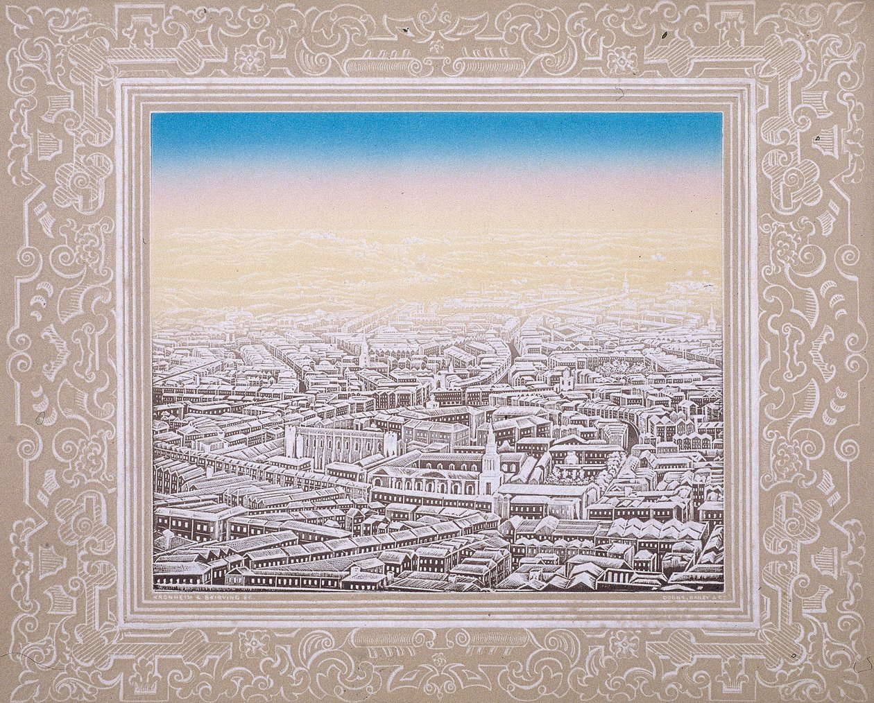 Vue aérienne de Londres avec bordure décorative, vers 1845 - Kronheim and Co
