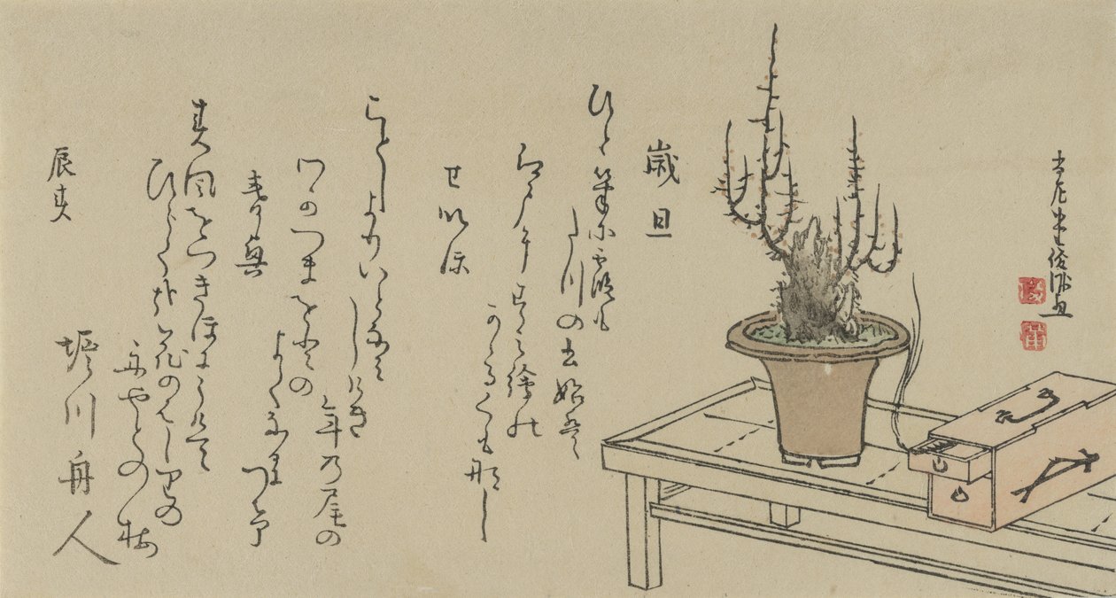 Bonsaï Prunier sur banc et boîte, 1796 - Kubo Shunman