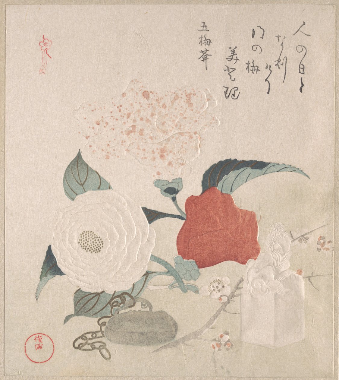 Fleurs de camélia, un netsuke et un sceau - Kubo Shunman