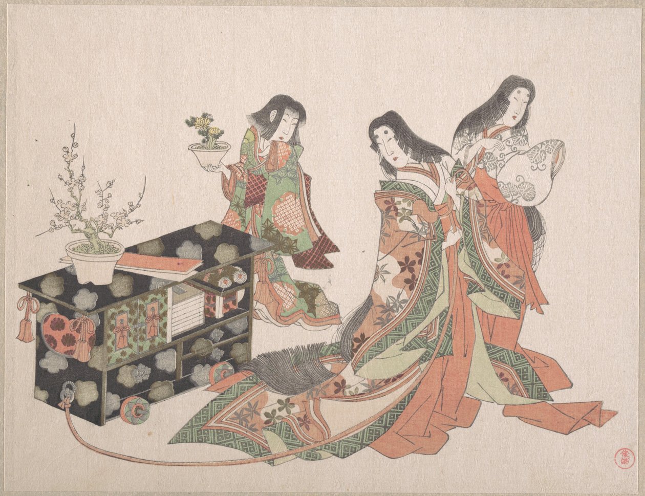 Des dames de cour traînant un meuble sur le sol - Kubo Shunman