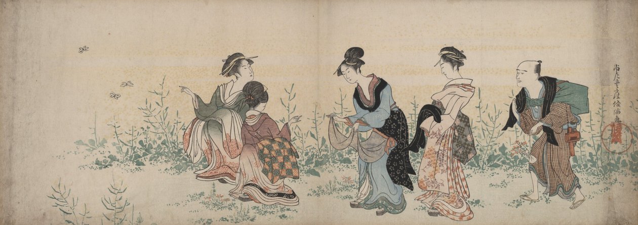Quatre jeunes filles et une servante admirant les fleurs sauvages et les papillons - Kubo Shunman