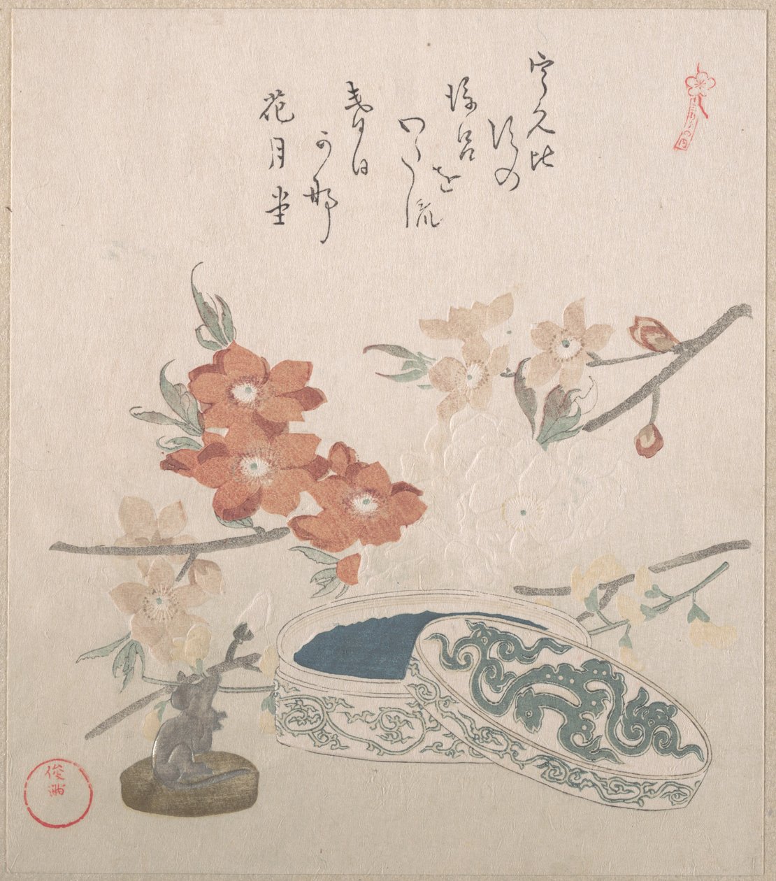 Fleurs de pêcher, un sceau et une boîte à sceau - Kubo Shunman